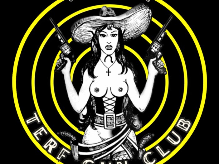 Drawing of a topless "cowgirl" woman brandishing two raised revolvers. She is fiercely portrayed. There are four concentric yellow circles behind the woman as in a target.