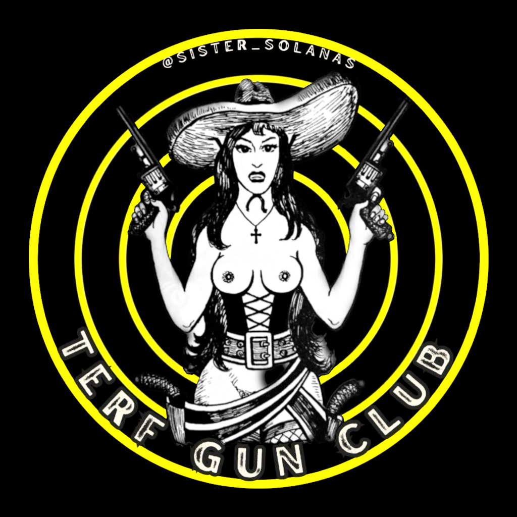 Drawing of a topless "cowgirl" woman brandishing two raised revolvers. She is fiercely portrayed. There are four concentric yellow circles behind the woman as in a target.