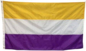 US Suffrage flag show gold, white and purple bars.